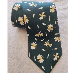 Vtg Structure silk tie green daisy floral Italian fabric 90s unisex  streetwear